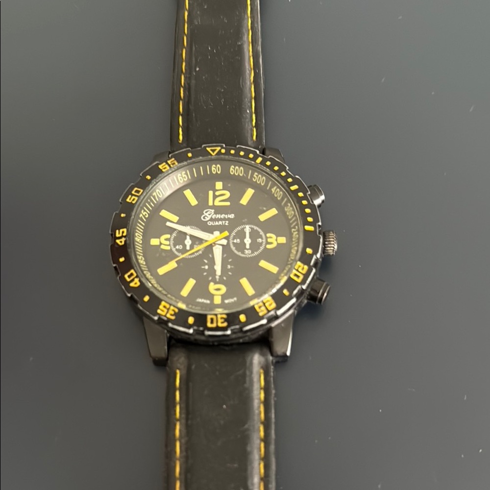 Black and Yellow Sport Watch with Leather Strap